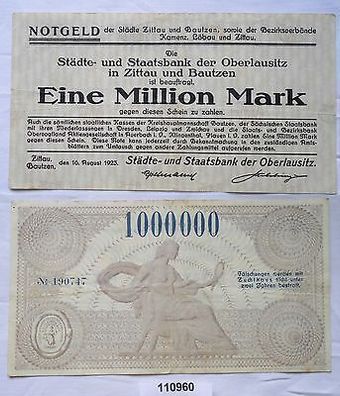 1 Million Mark Banknote Inflation Notgeld Zittau Bautzen 16.8.1923 (110960)