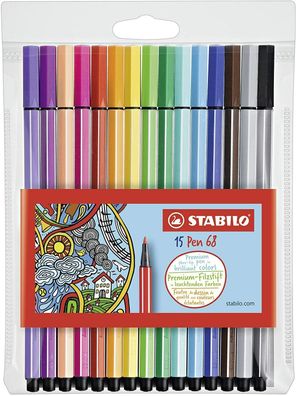 Stabilo Pen 68 Premium-Filzstift 1 mm 15 Farben Office Büro Schule 15er Pack