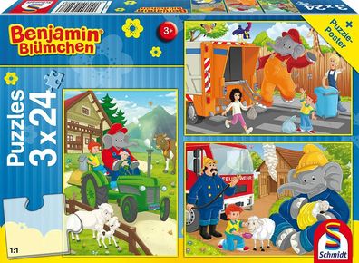 Schmidt Spiele 56207 Benjamin Blümchen Kinder Puzzle 3 x 24 Teile ab 3 Jahren
