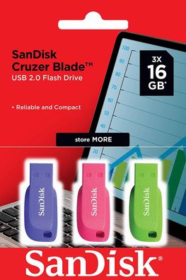 SanDisk 16GB Cruzer Blade USB Flash Drive USB 2.0 Stick blau pink grün 3er Pack