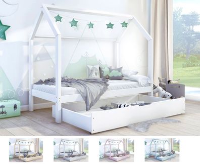 NALA BIS Hausbett Kinderbett mit Schublade ohne Rausfallschutz Kiefer Holz 80x190