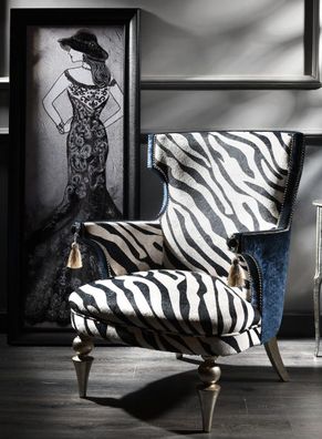 Casa Padrino Luxus Barock Zebra Sessel Schwarz / Weiß / Blau / Antik Silber 74 x 72 x