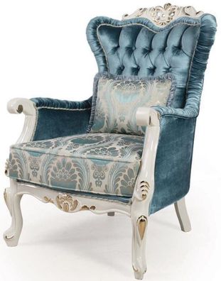 Casa Padrino Luxus Barock Wohnzimmer Sessel mit Kissen Blau / Weiß / Gold 87 x 76 x H