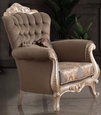 Casa Padrino Luxus Barock Wohnzimmer Sessel mit Kissen Taupe / Bronze / Gold 95 x 75