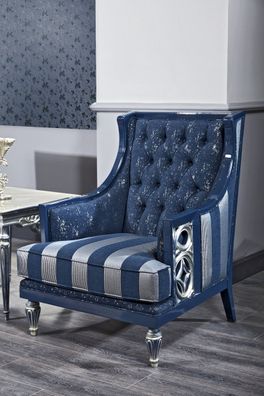 Casa Padrino Luxus Barock Chesterfield Wohnzimmer Sessel Blau / Silber gestreift 77 x