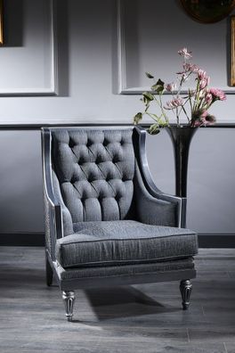 Casa Padrino Luxus Barock Chesterfield Wohnzimmer Sessel Blau / Grau / Silber 77 x 76