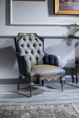 Casa Padrino Luxus Barock Chesterfield Wohnzimmer Sessel Blau / Gold / Schwarz 74 x 8