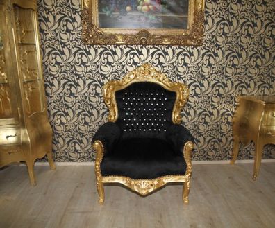 Casa Padrino Barock Sessel King Schwarz / Gold mit Glitzersteinen - Luxus Barock Möbe