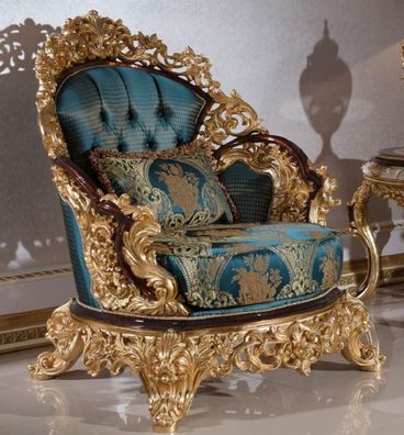 Casa Padrino Luxus Barock Sessel Blau / Beige / Braun / Gold - Prunkvoller Wohnzimmer