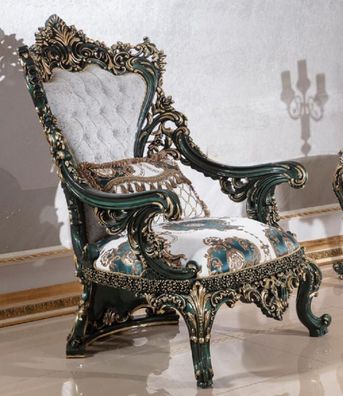 Casa Padrino Luxus Barock Sessel Weiß / Mehrfarbig / Grün / Gold