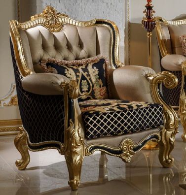 Casa Padrino Luxus Barock Sessel Gold / Schwarz / Mehrfarbig / Gold - Wohnzimmer