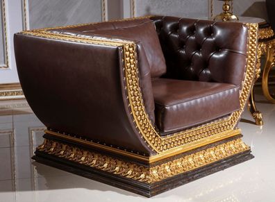 Casa Padrino Luxus Barock Chesterfield Sessel Dunkelbraun / Gold - Prunkvoller