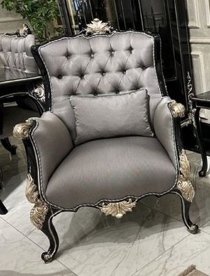 Casa Padrino Luxus Barock Wohnzimmer Sessel Silber / Schwarz / Silber - Handgefertigt