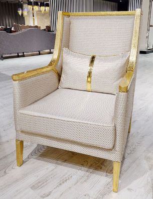 Casa Padrino Luxus Barock Wohnzimmer Sessel Weiß / Gold - Handgefertigter Barockstil