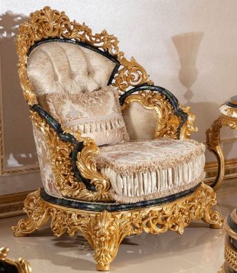 Casa Padrino Luxus Barock Sessel Gold / Mehrfarbig / Blau / Gold