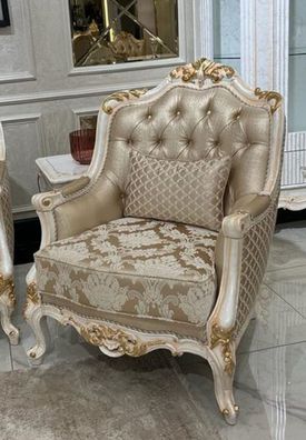 Casa Padrino Luxus Barock Wohnzimmer Sessel Gold / Weiß / Gold - Handgefertigter Baro