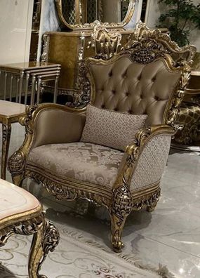 Casa Padrino Luxus Barock Wohnzimmer Sessel Braun / Weiß / Gold - Handgefertigter Bar