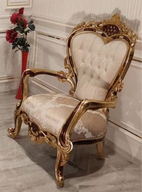 Casa Padrino Luxus Barock Wohnzimmer Sessel Cremefarben / Braun / Gold - Prunkvoller