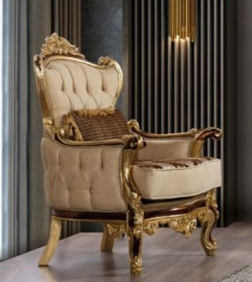 Casa Padrino Luxus Barock Sessel Beige / Braun / Gold - Prunkvoller Wohnzimmer Sessel