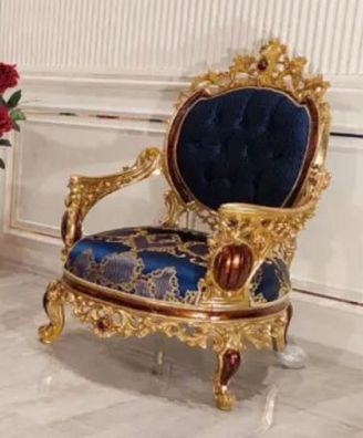 Casa Padrino Luxus Barock Sessel Blau / Gold / Braun - Prunkvoller Wohnzimmer Sessel