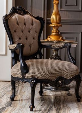 Casa Padrino Luxus Barock Sessel Beige / Schwarz - Prunkvoller Wohnzimmer Sessel - Ba