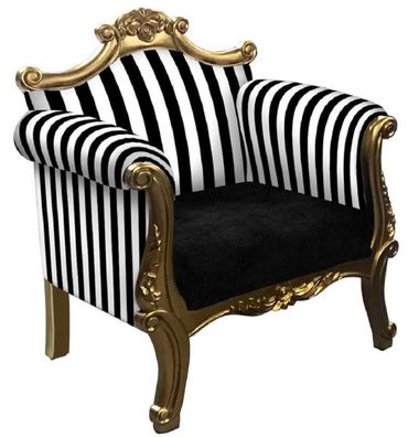 Casa Padrino Barock Sessel mit Streifen Schwarz / Weiß / Gold - Handgefertigter Wohnz