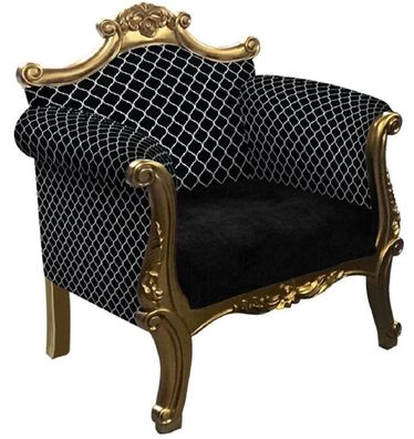 Casa Padrino Barock Sessel mit Muster Schwarz / Silber / Gold - Handgefertigter Wohnz