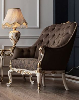 Casa Padrino Luxus Barock Sessel Braun / Cremefarben / Weiß / Gold - Eleganter Wohnzi