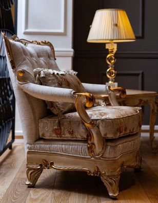 Casa Padrino Luxus Barock Sessel Weiß / Beige / Gold - Prunkvoller Wohnzimmer Sessel