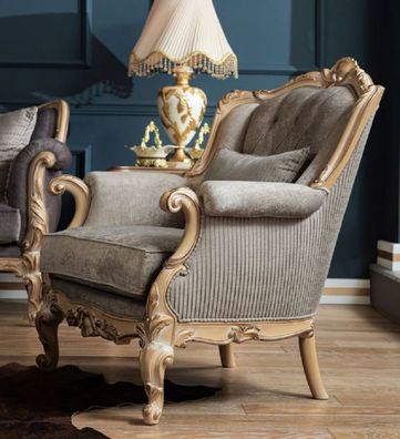 Casa Padrino Luxus Barock Sessel Grau / Naturfarben - Eleganter Wohnzimmer Sessel im