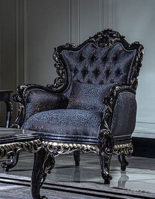 Casa Padrino Luxus Barock Wohnzimmer Sessel Blau / Gold - Handgefertigter Barockstil