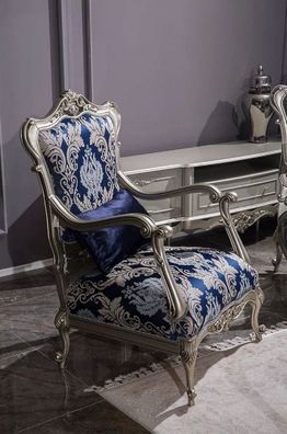 Casa Padrino Luxus Barock Sessel Blau / Silber 75 x 70 x H. 117 cm - Wohnzimmer Sesse