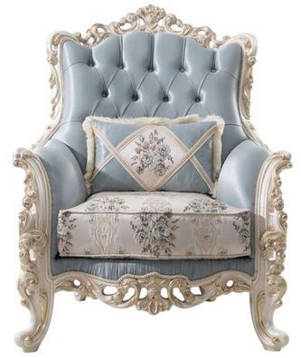Casa Padrino Luxus Barock Wohnzimmer Sessel mit dekorativem Kissen Hellblau / Creme /
