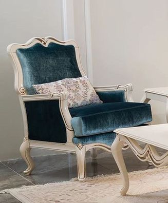 Casa Padrino Luxus Barock Sessel Blau / Weiß 76 x 67 x H. 103 cm - Wohnzimmer Sessel