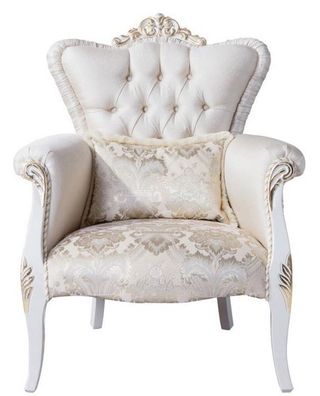 Casa Padrino Luxus Barock Wohnzimmer Sessel mit dekorativem Kissen Creme / Weiß / Gol