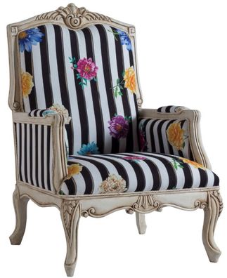 Casa Padrino Luxus Barock Sessel Schwarz / Weiß / Mehrfarbig / Antik Cremefarben 72 x