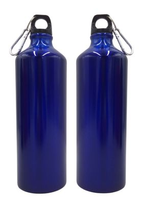 2x Aluminium Trinkflasche 1 Liter blau mit Karabiner Wasserflasche Sportflasche