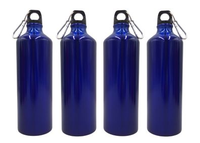 4x Aluminium Trinkflasche 1 Liter blau mit Karabiner Wasserflasche Sportflasche