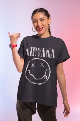 Damen Bio Oversize T-Shirt Nirvana Smaily Grau kurt cobain Band Rock Musik Party