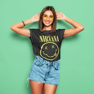 Damen Bio Oversize T-Shirt Nirvana Smaily Gelb kurt cobain Band Rock Musik Party