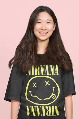 Damen Bio Oversize T-Shirt Nirvana Gelb Smaily kurt cobain Band Rock Musik Party
