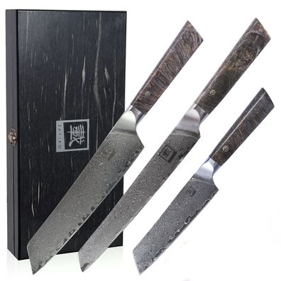 Zayiko 3er Damastmesser-Set - hochwertiges Profi Messer mit Ahornholzgriff
