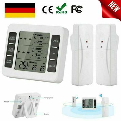Digital Kuhlschrank & Gefrierschrank Funk-Thermometer 2 Funk-Sensoren Alarm Weiss