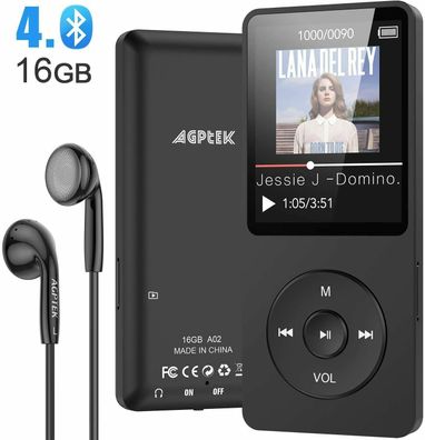 AGPTEK A02ST MP3 Player 16GB Bluetooth 4.0 Zubehörpaket TFT-Display Schwarz