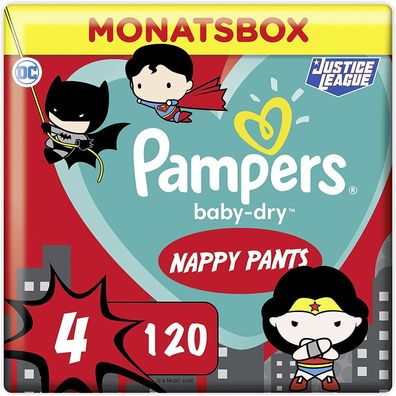 Pampers Baby-Dry Pants Superhelden Edition Größe 4 9kg-15kg Monatsbox 120 Stück