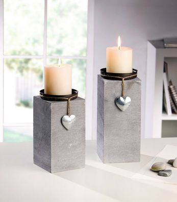 Kerzenhalter Dekosäule Holz grau silber 2er Set Shabby-Look Herz Kerzenständer