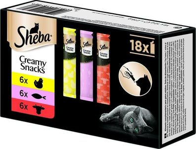 Sheba Creamy Snacks Cremig Katzenfutter Leckerli Huhn Lachs Rind 18 Stück 216 g