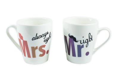 Becherset Mr./ Mrs. Right aus Porzellan Kaffeetasse Teetasse Kaffeebecher Tassen