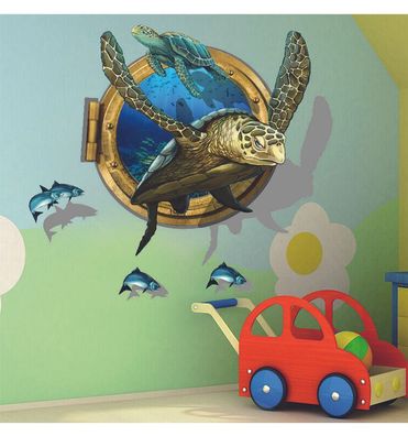 Schildkröte im Korallenriff 3D-Look Holzbruch Wandtattoo Aufkleber-Sticker 8153