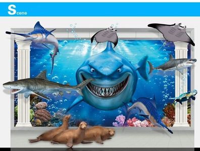 3D Shark Fisch Hai DIY Aufkleber Kinder Zimmer Deko Wandtattoo Sticker--AY9262